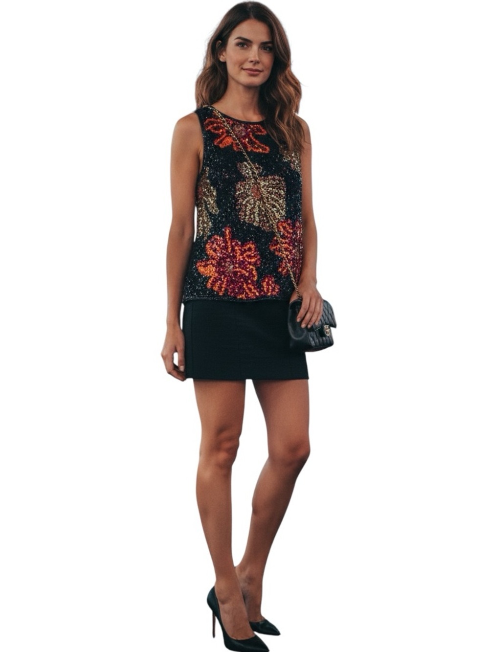RARE Vintage Laurence Kazar Heavy Sequin Beaded Silk Floral Top, Size XL
